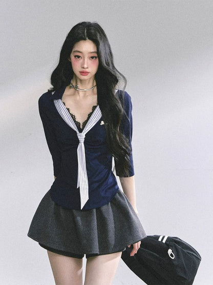 細條紋蕾絲 Polo 衫