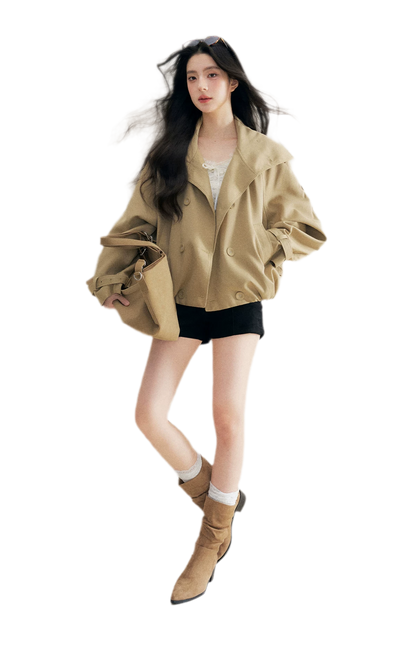 Oversized Cropped Double-Breasted Trench Coat