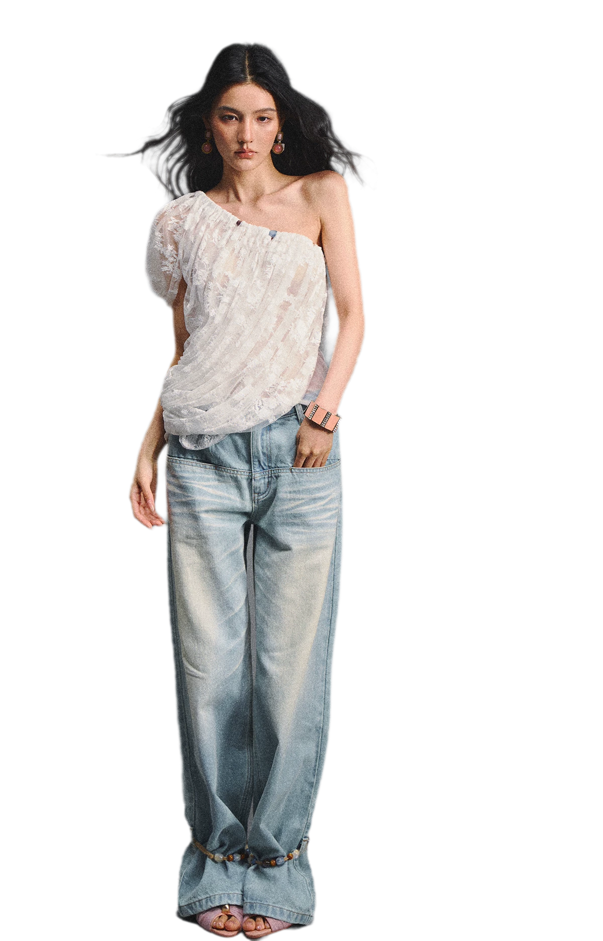 Lace Ruched Asymmetric Top