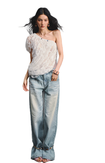 Lace Ruched Asymmetric Top