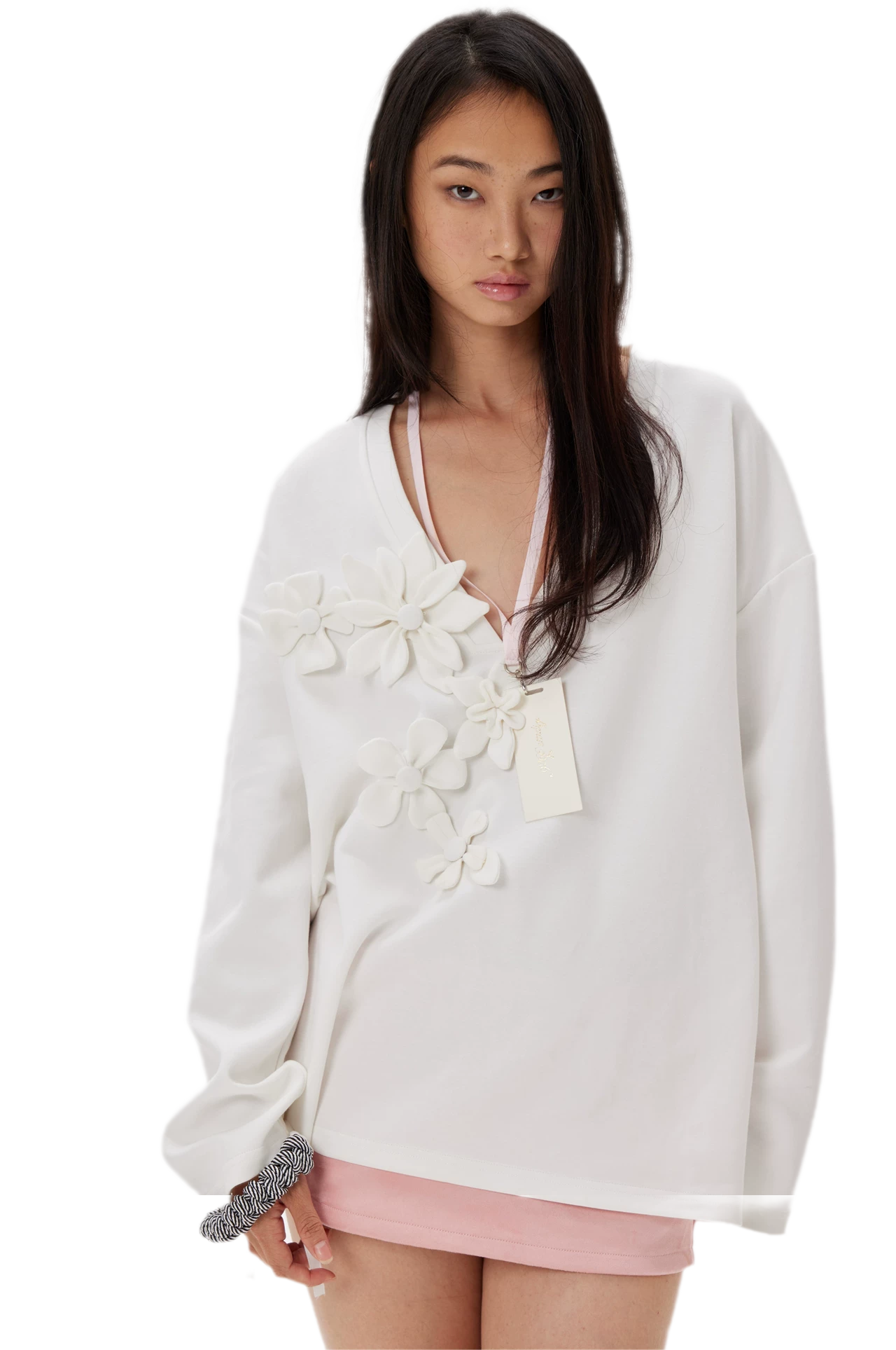 Handmade Flower Appliqué V-Neck Sweatshirt