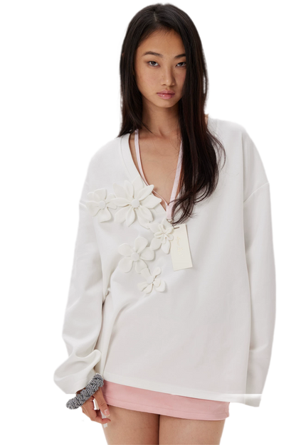 Handmade Flower Appliqué V-Neck Sweatshirt