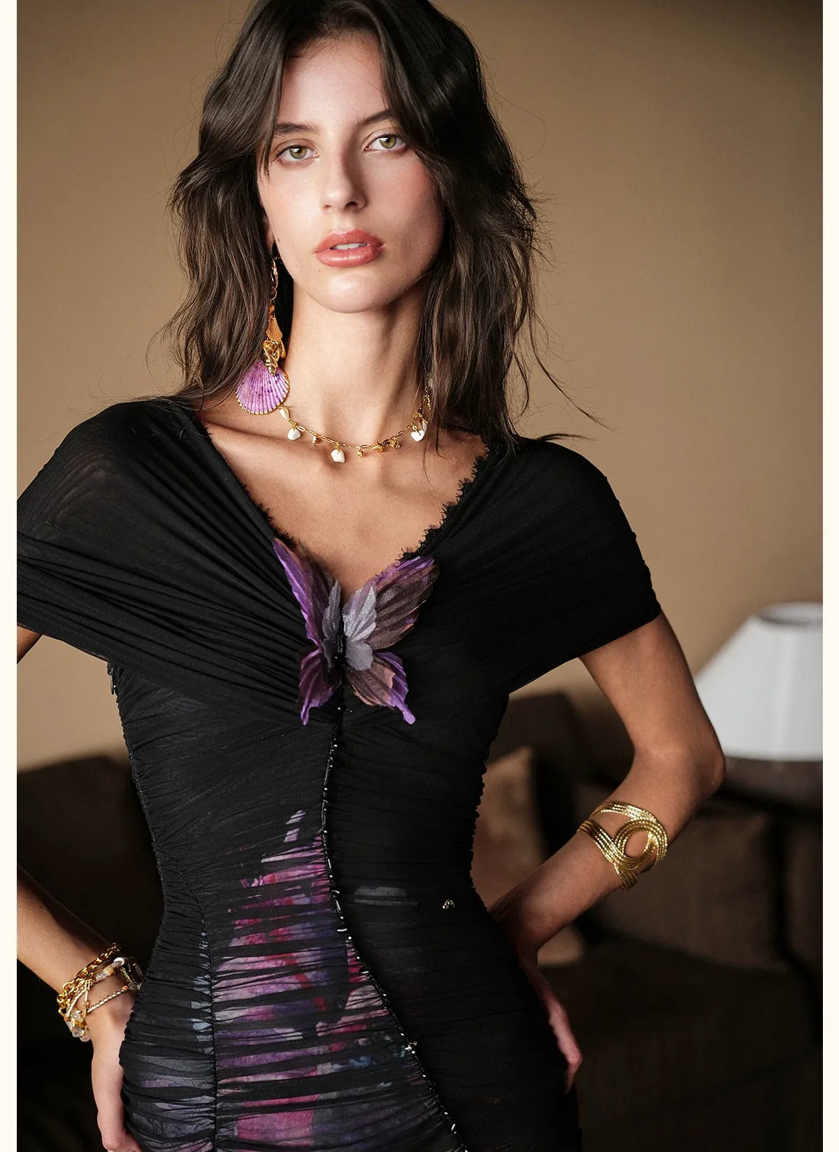 Beaded Off-Shoulder Mesh Dress