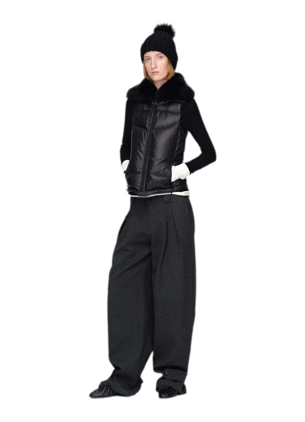 Pantalones de pierna ancha plisados con mezcla de lana