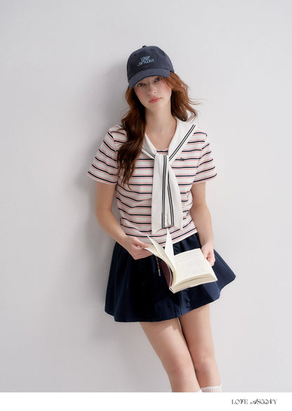 Navy Sailor Collar Tie-Striped Short T-shirt