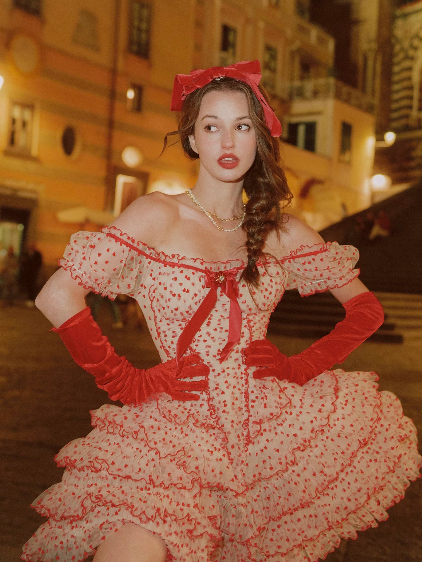 Flocked Bow Ruffle Dress
