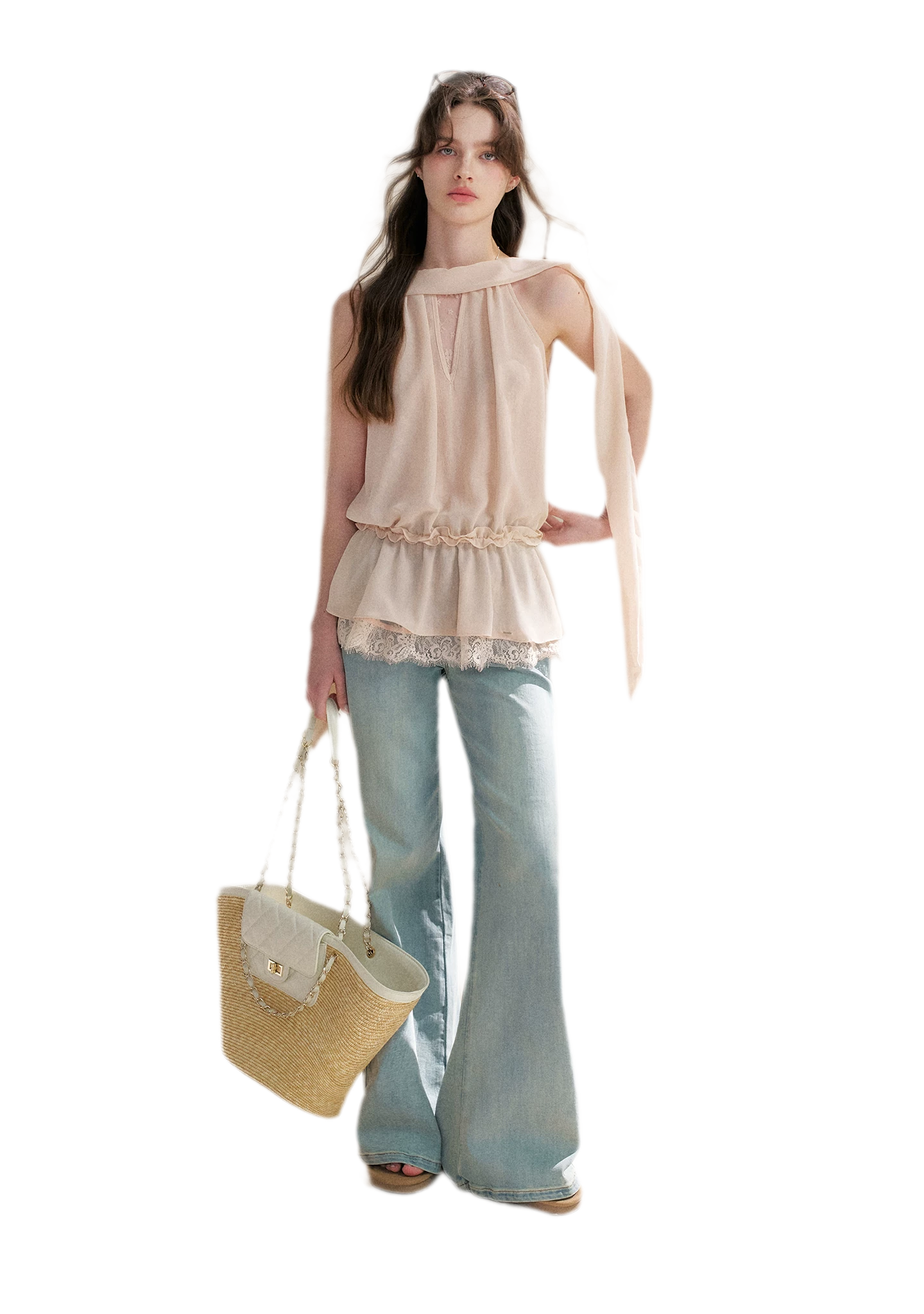 Chiffon Lace Halter V-Neck Blouse