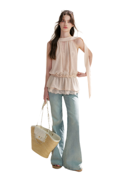 Chiffon Lace Halter V-Neck Blouse