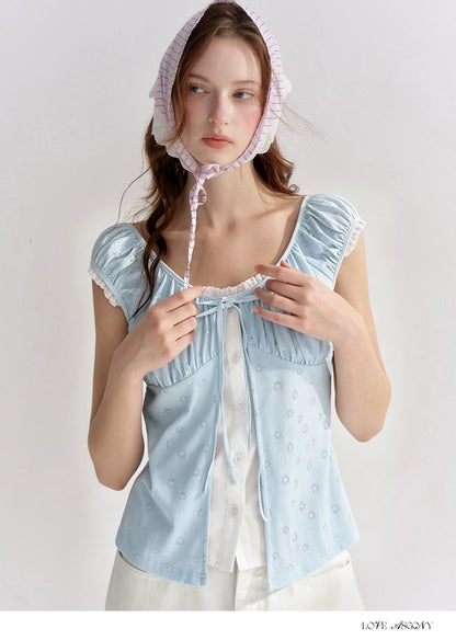 Two-Layer Floral Cutout Contrast Tie-Front Blouse