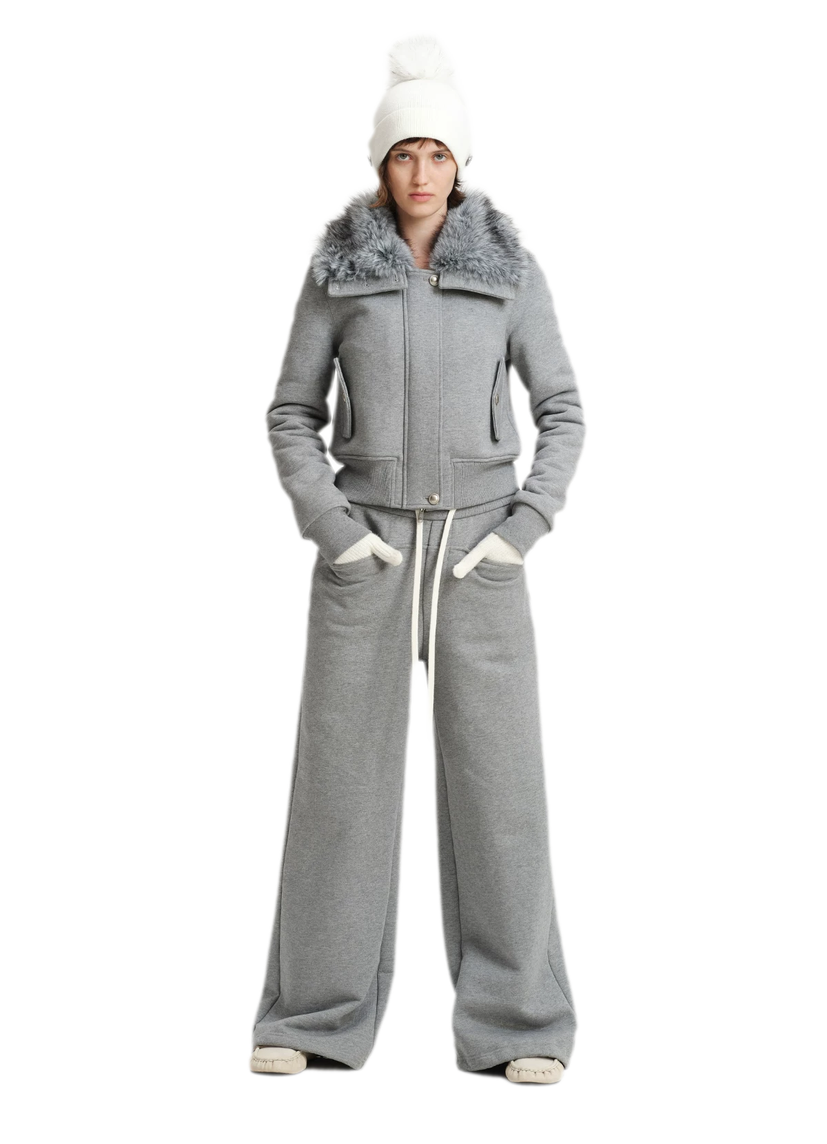 Conjunto de sudadera corta con cuello de pelo sintético
