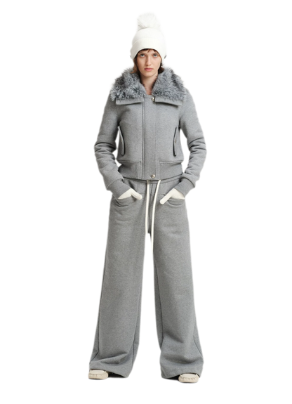 Conjunto de sudadera corta con cuello de pelo sintético