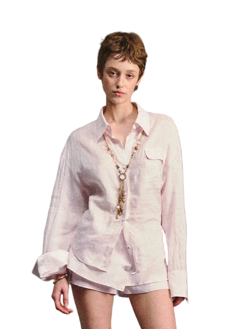 Linen Satin Waist-Cinched Shirt &amp; Skirt Set