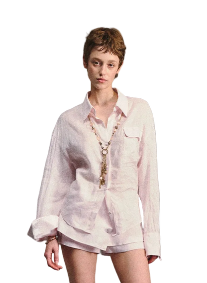 Linen Satin Waist-Cinched Shirt &amp; Skirt Set