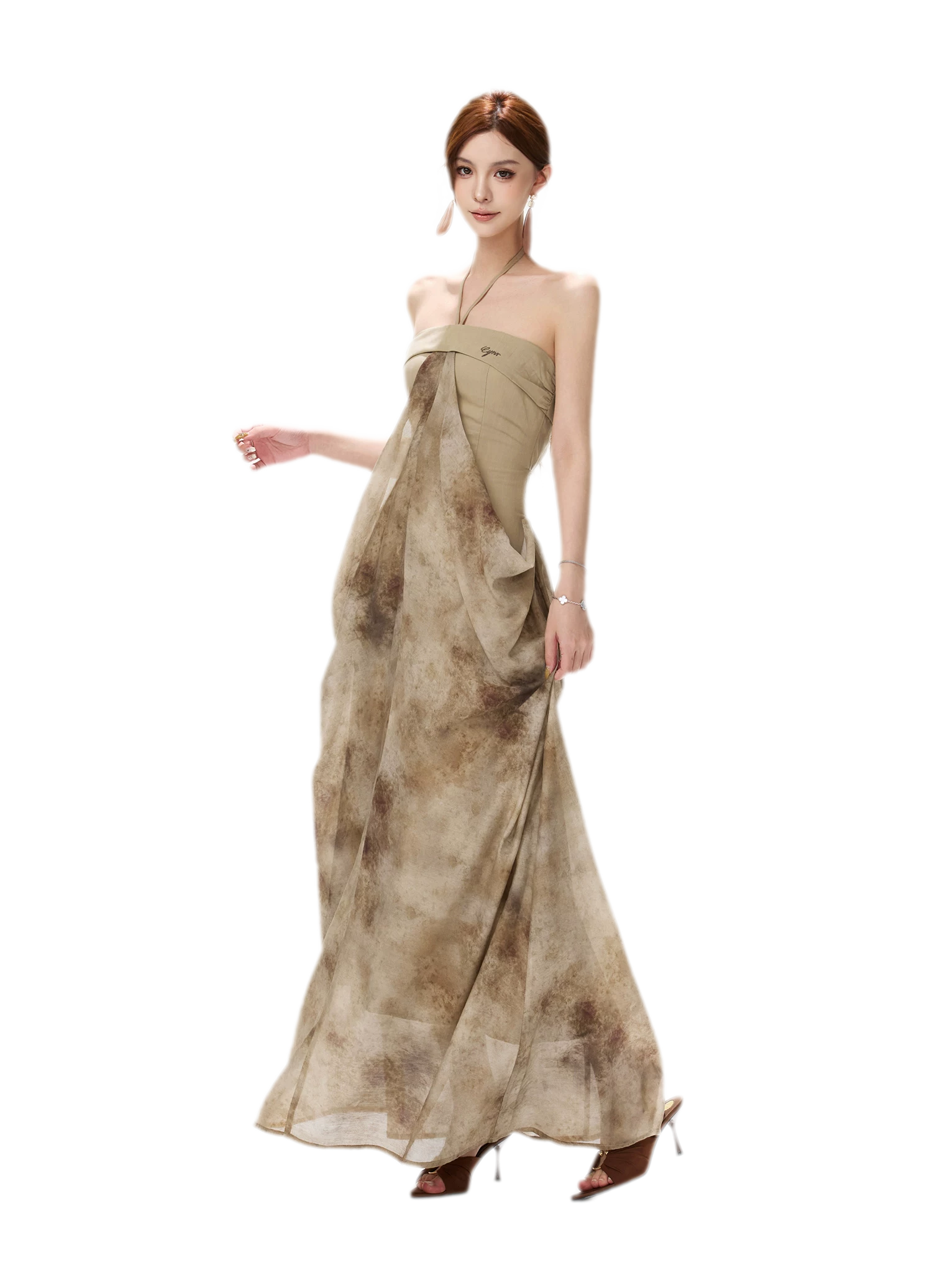 Ink-Wash Pleated Halter Dress