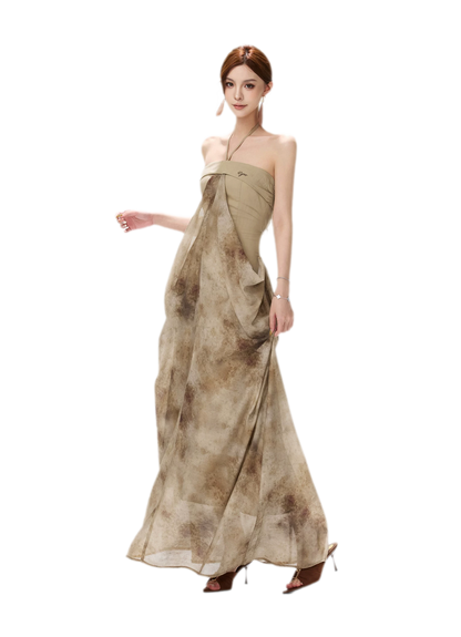 Ink-Wash Pleated Halter Dress