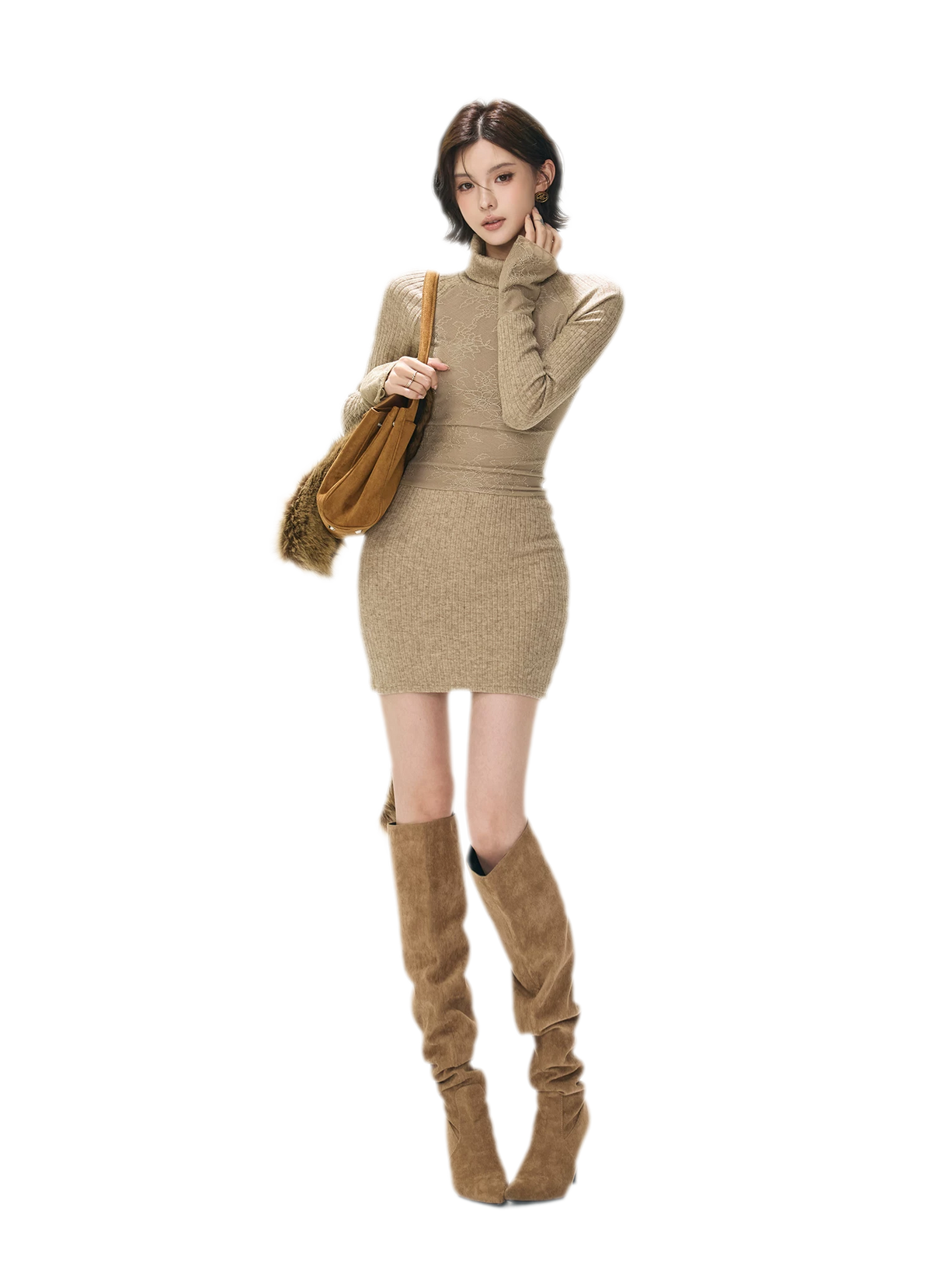 Lace Panel Ribbed Mini Dress — Load image 6 in gallery view