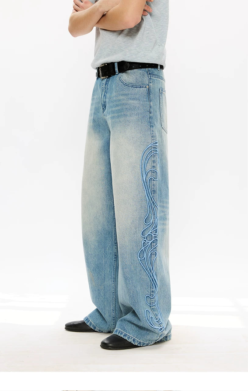 Washed Embroidered Wide-Leg Jeans