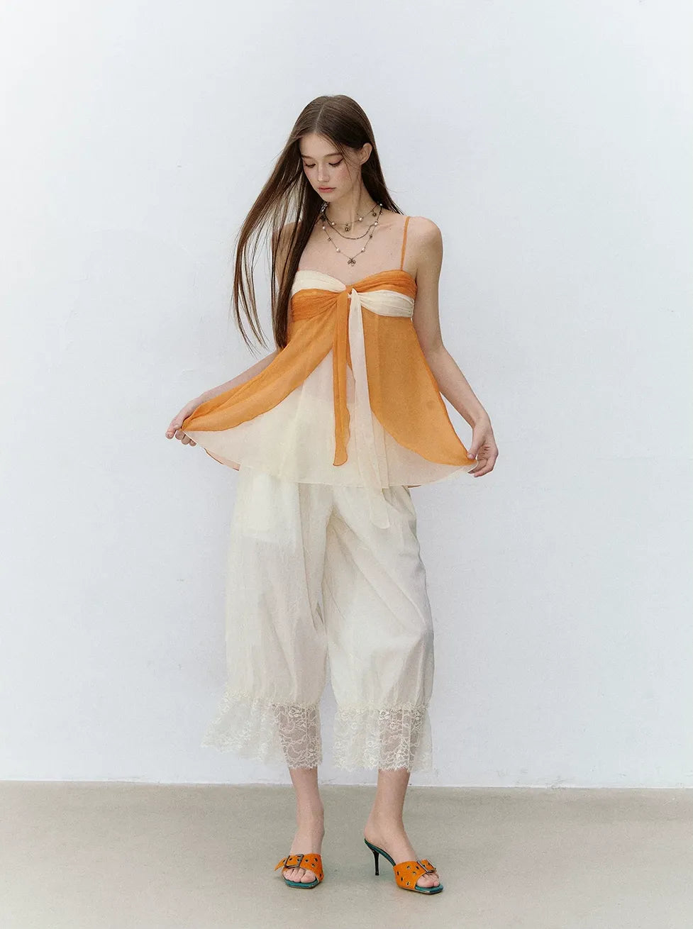 Relaxed Fit Tencel Lace Patchwork Wide Leg Pants