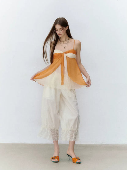 Relaxed Fit Tencel Lace Patchwork Wide Leg Pants