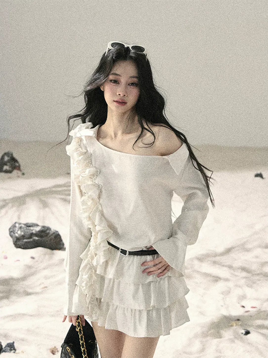 Linen Ruffle One-Shoulder Dress