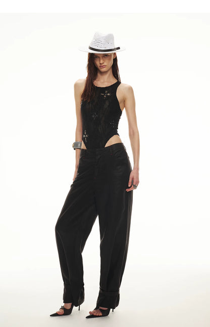 Tencel Linen Vintage Contrast Stitch Casual Pants