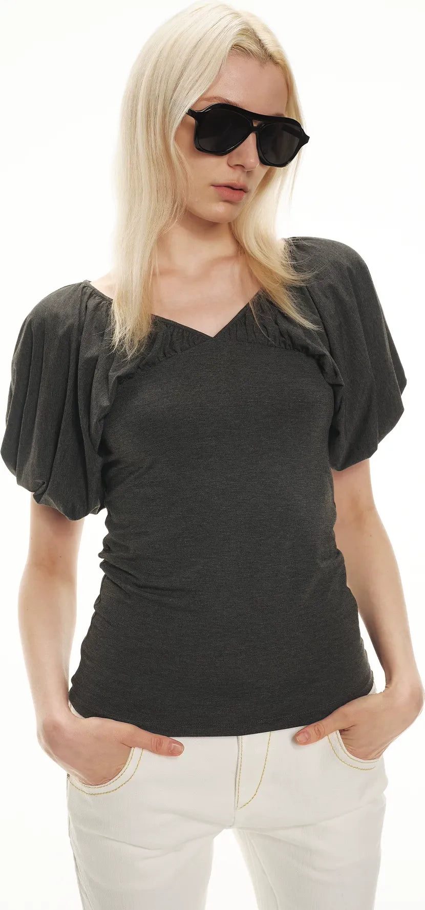 Soft Draped Puff Sleeve V-Neck Slim T-Shirt