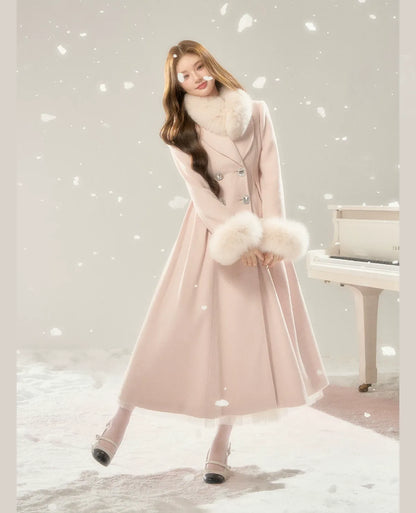 Double-Breasted Cinched Wool Blend Coat