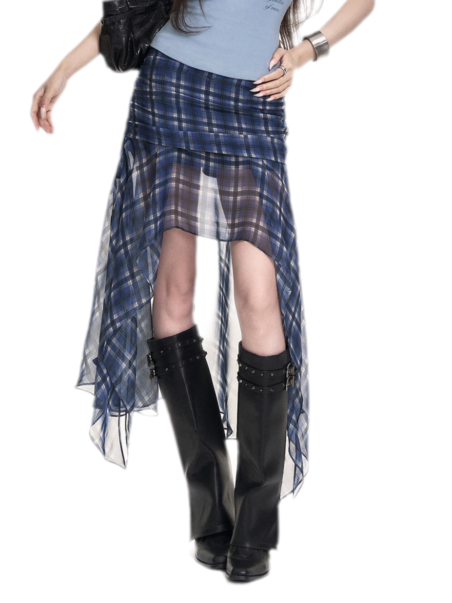 Blue Plaid Chiffon Skirt