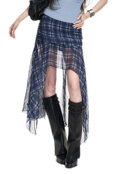 Blue Plaid Chiffon Skirt