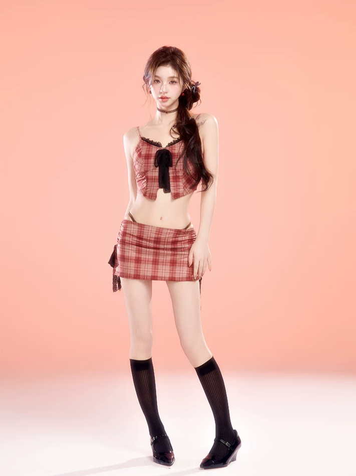 Plaid Lace Trim Bikini Set