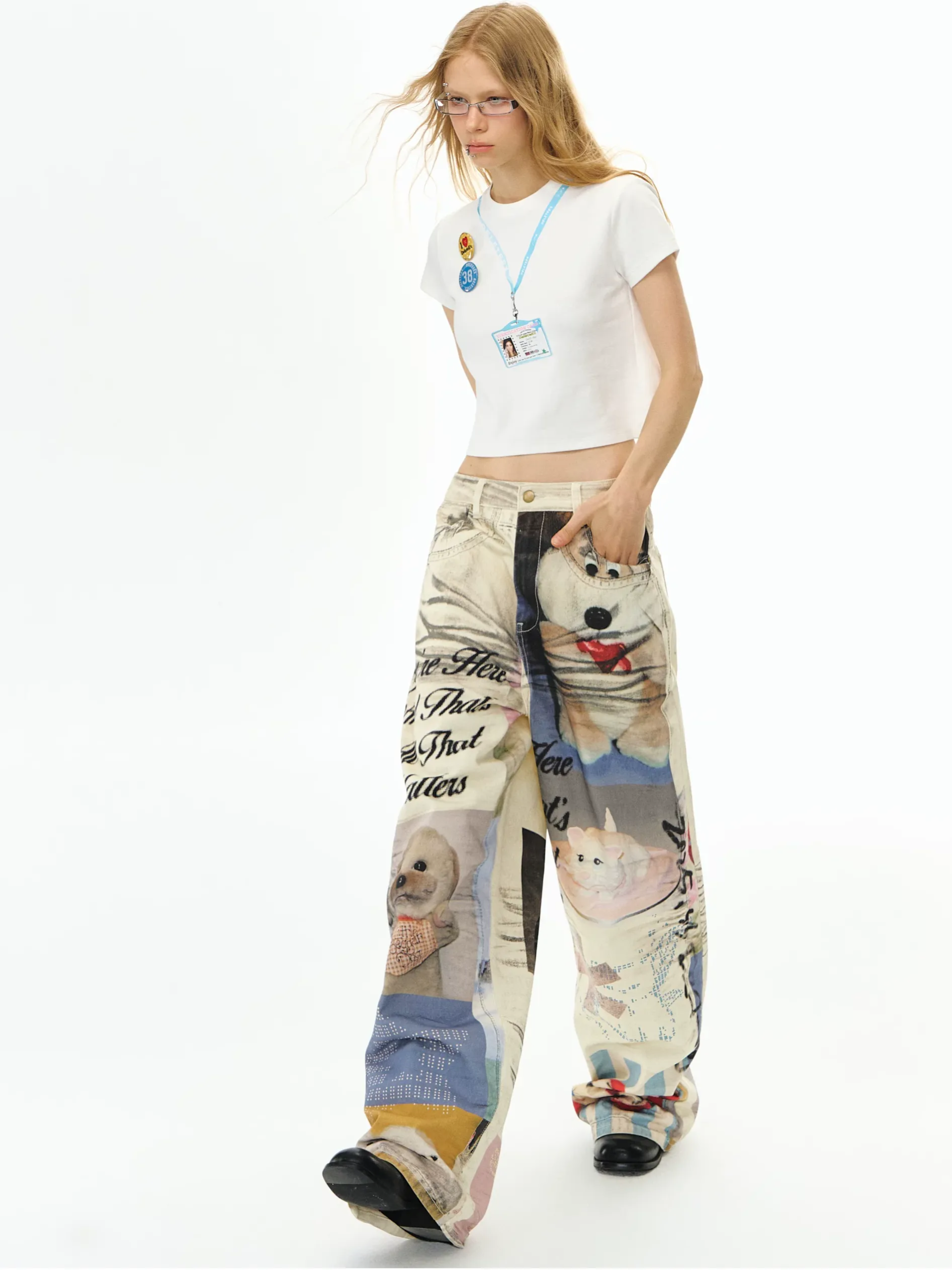 Washed Print Wide-Leg Jeans