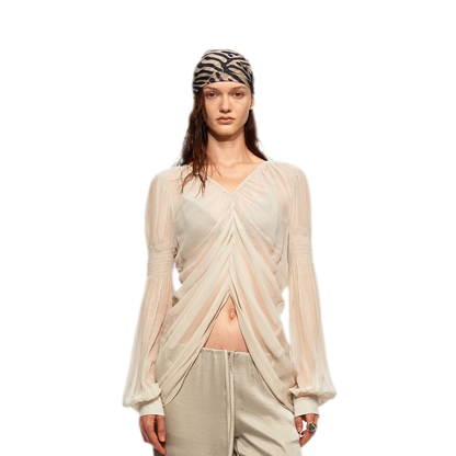 Pleated Bubble Sleeve Chiffon Blouse