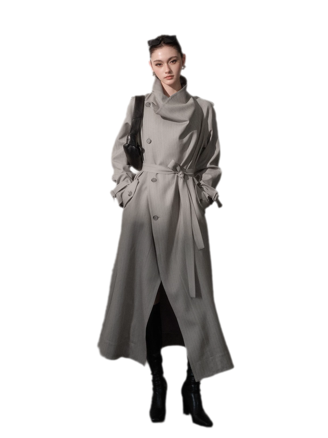Silver-Thread Striped Long Trench Coat