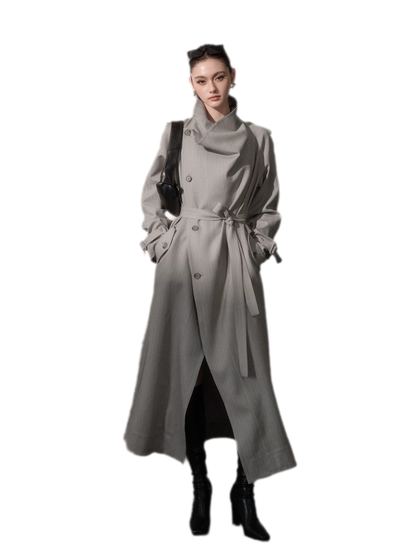Silver-Thread Striped Long Trench Coat
