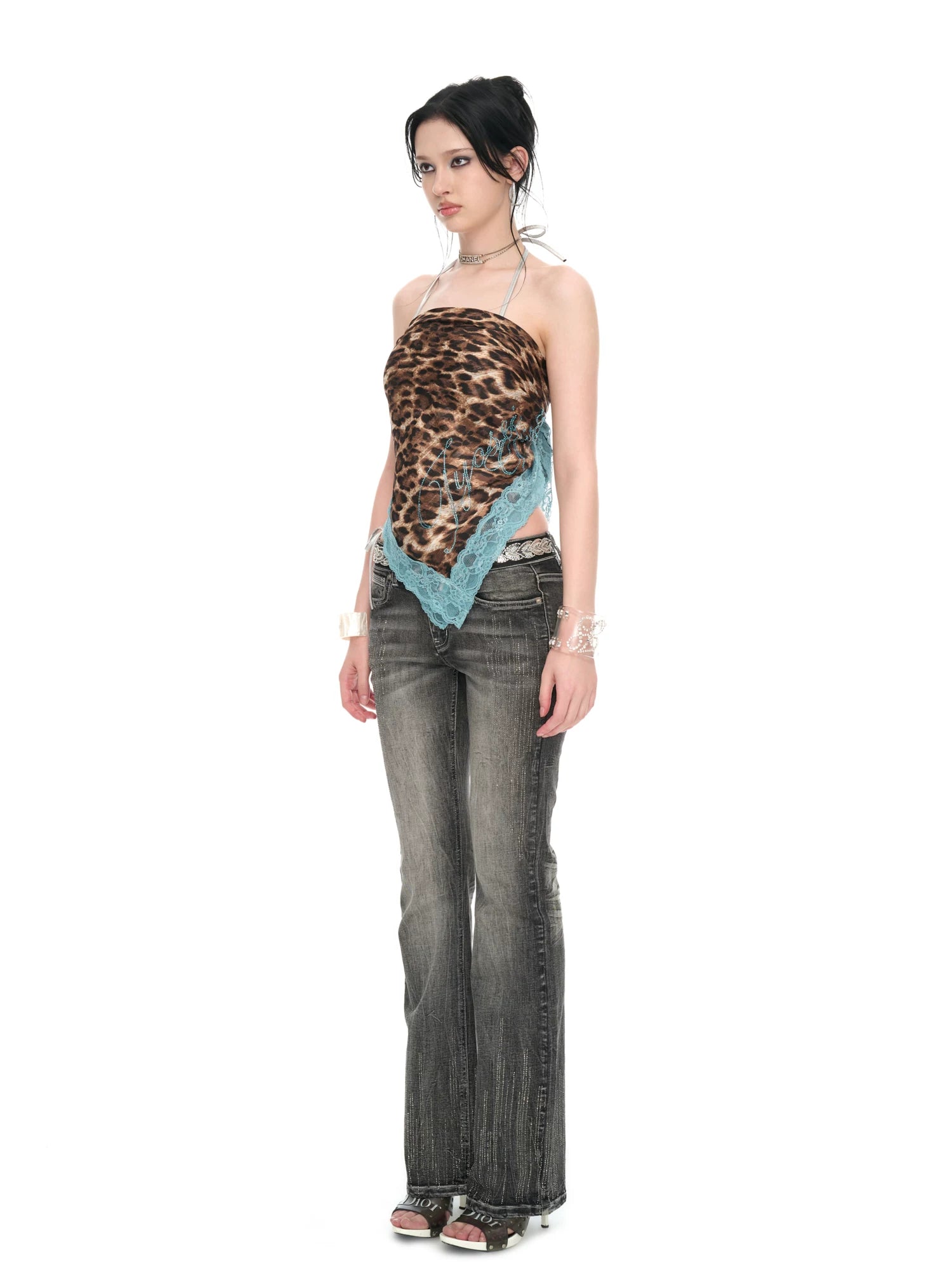 Peacock Blue Lace Leopard Print Chiffon Scarf