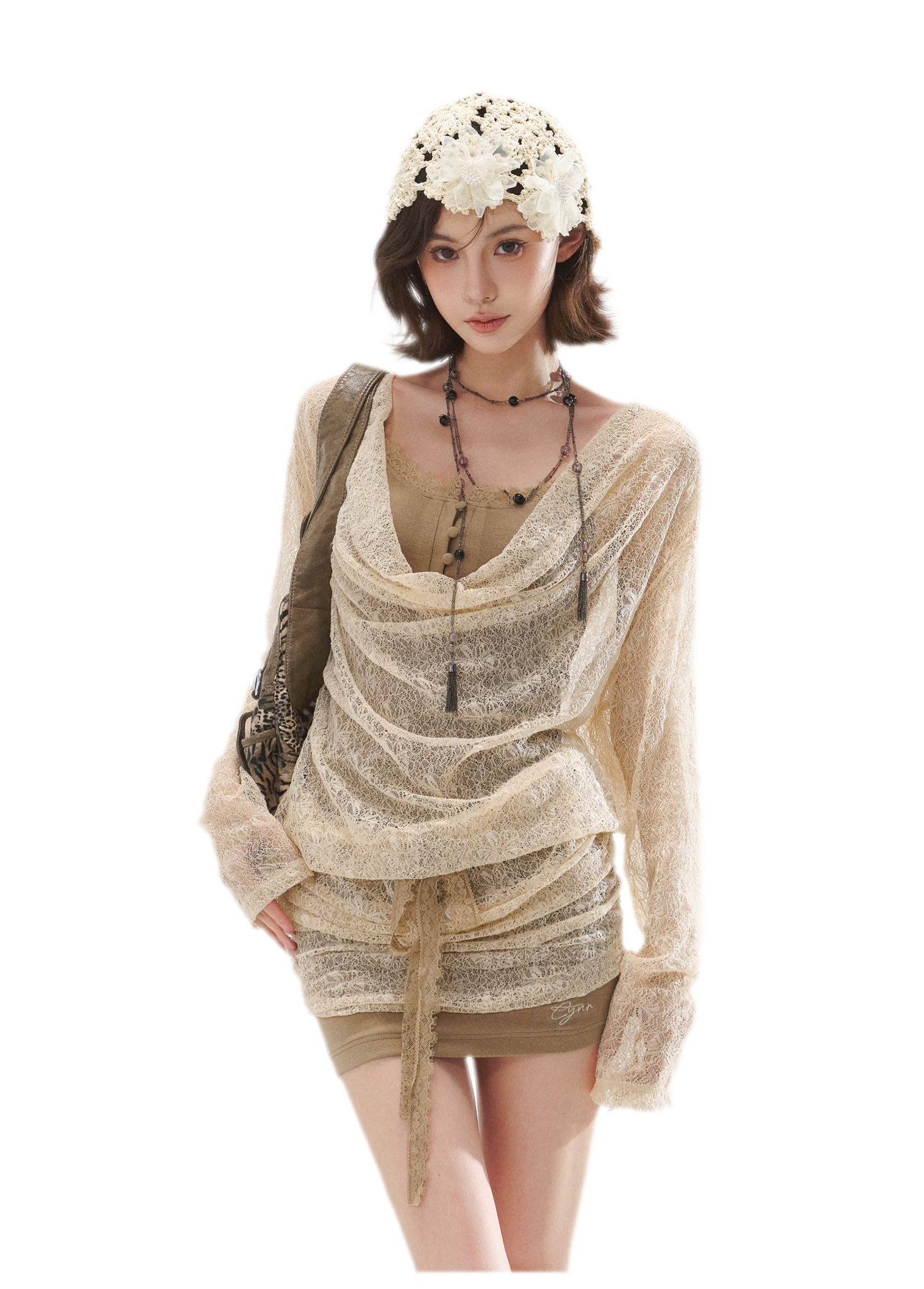 Draped Lace Faux-Two-Piece Dress