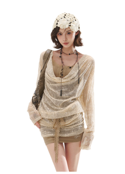 Draped Lace Faux-Two-Piece Dress