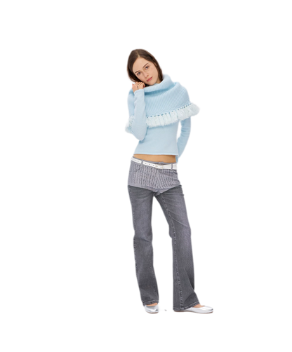 Fringed Ribbed Turtleneck Knit Top