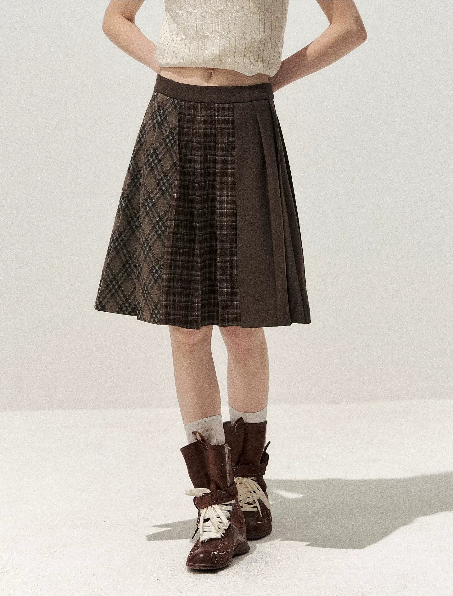 Patchwork Plaid Pleated A-Line Skirt