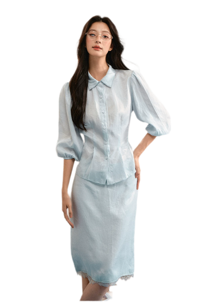 Linen Bubble Sleeve Top Skirt