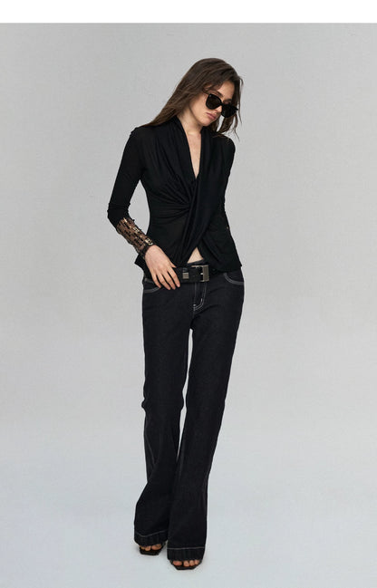 Embroidered Acetate Silk Cross-Knot Long Sleeve T-Shirt