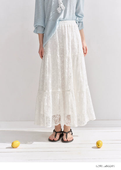 Lace Trim Elastic Waist A-line Long Skirt