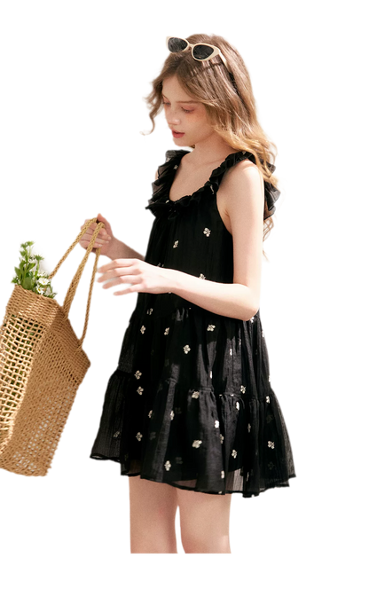 Tencel Embroidered Ruffle A-line Dress