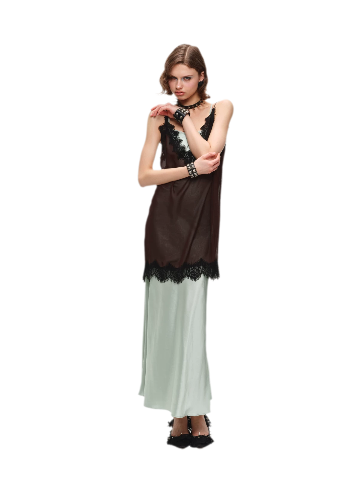 Deep V-Neck Lace Chiffon Satin Dress
