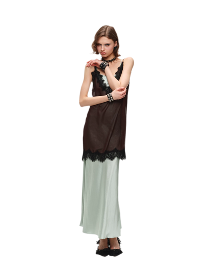Deep V-Neck Lace Chiffon Satin Dress