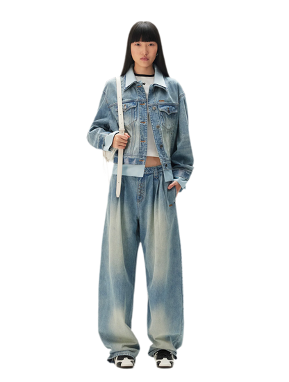 Washed Pleated Wide-Leg Jeans