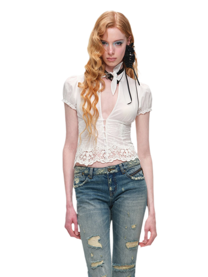 Deep V-Neck Jacquard Blouse