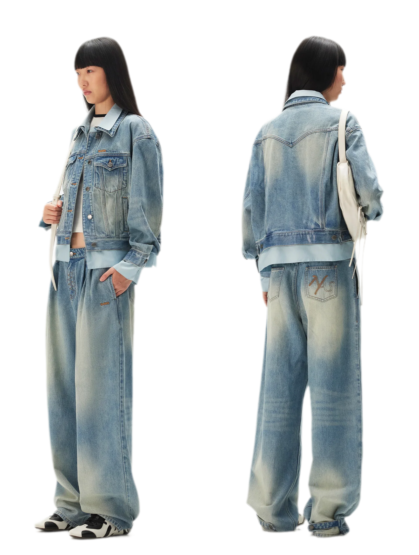Washed Pleated Wide-Leg Jeans