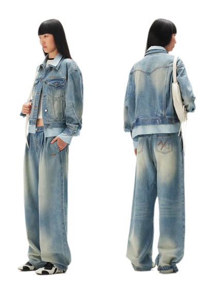 Washed Pleated Wide-Leg Jeans