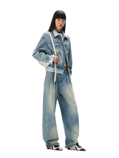 Washed Pleated Wide-Leg Jeans